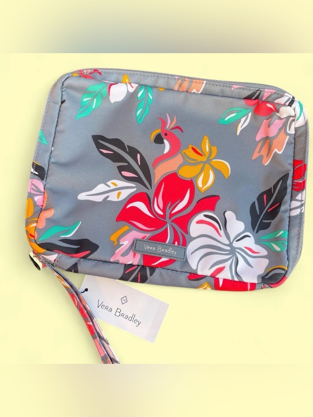 Vera Bradley Coastal Paradise wipes pouch with red flamingo, yellow flower